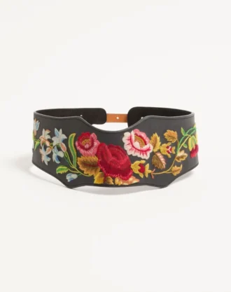 Δερμάτινη ζώνη με κεντημένο floral μοτίβο 95 mm