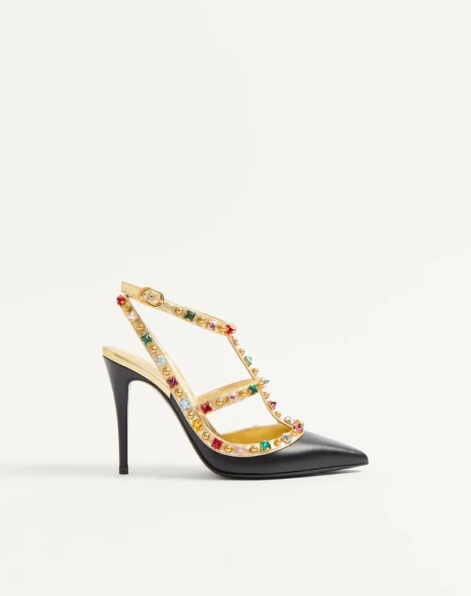 Γόβες Rockstud από μοσχαρίσιο δέρμα με καμποσόν και κρύσταλλα 100 mm Γόβες Rockstud από μοσχαρίσιο δέρμα με καμποσόν και κρύσταλλα 100 mm