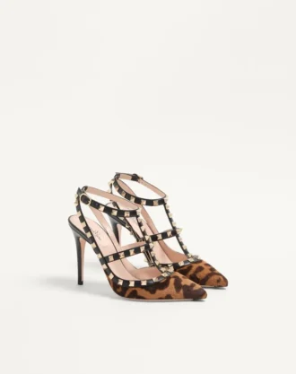 Γόβες Rockstud με λουράκια από δέρμα μοσχαριού με εφέ πόνυ 100 mm