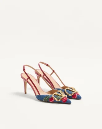 Γόβες Slingback με υπογραφή Vlogo σε τζιν με κεντημένο σχέδιο Cherryfic 80 mm