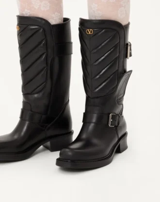 Μπότες Rayons biker από δέρμα μοσχαριού και δέρμα Nappa με μοτίβο Chevron 40 mm