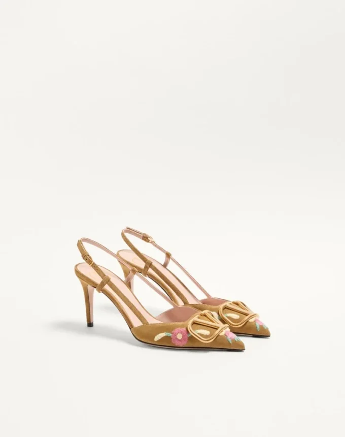 VLogo Signature Slingback Pump In Crust Leather With Floral Embroidery 80Mm VLogo Signature Slingback Pump In Crust Leather With Floral Embroidery 80Mm