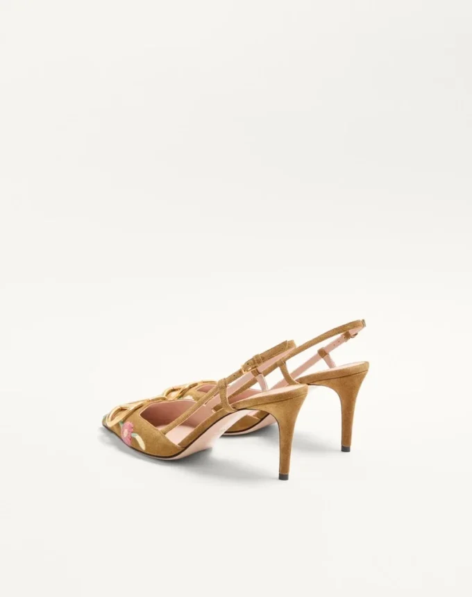 VLogo Signature Slingback Pump In Crust Leather With Floral Embroidery 80Mm VLogo Signature Slingback Pump In Crust Leather With Floral Embroidery 80Mm