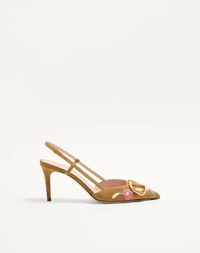 VLogo Signature Slingback Pump In Crust Leather With Floral Embroidery 80Mm VLogo Signature Slingback Pump In Crust Leather With Floral Embroidery 80Mm