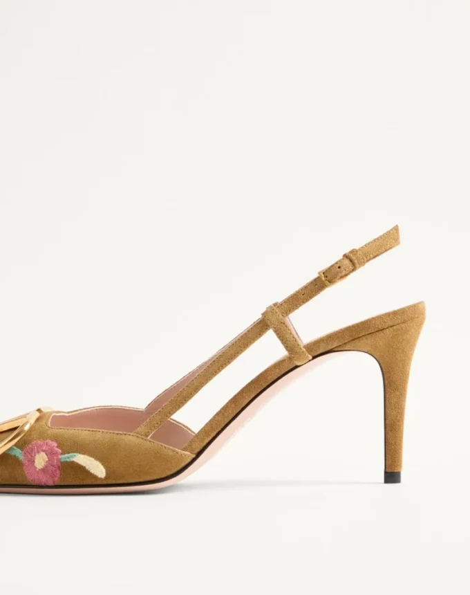 VLogo Signature Slingback Pump In Crust Leather With Floral Embroidery 80Mm VLogo Signature Slingback Pump In Crust Leather With Floral Embroidery 80Mm
